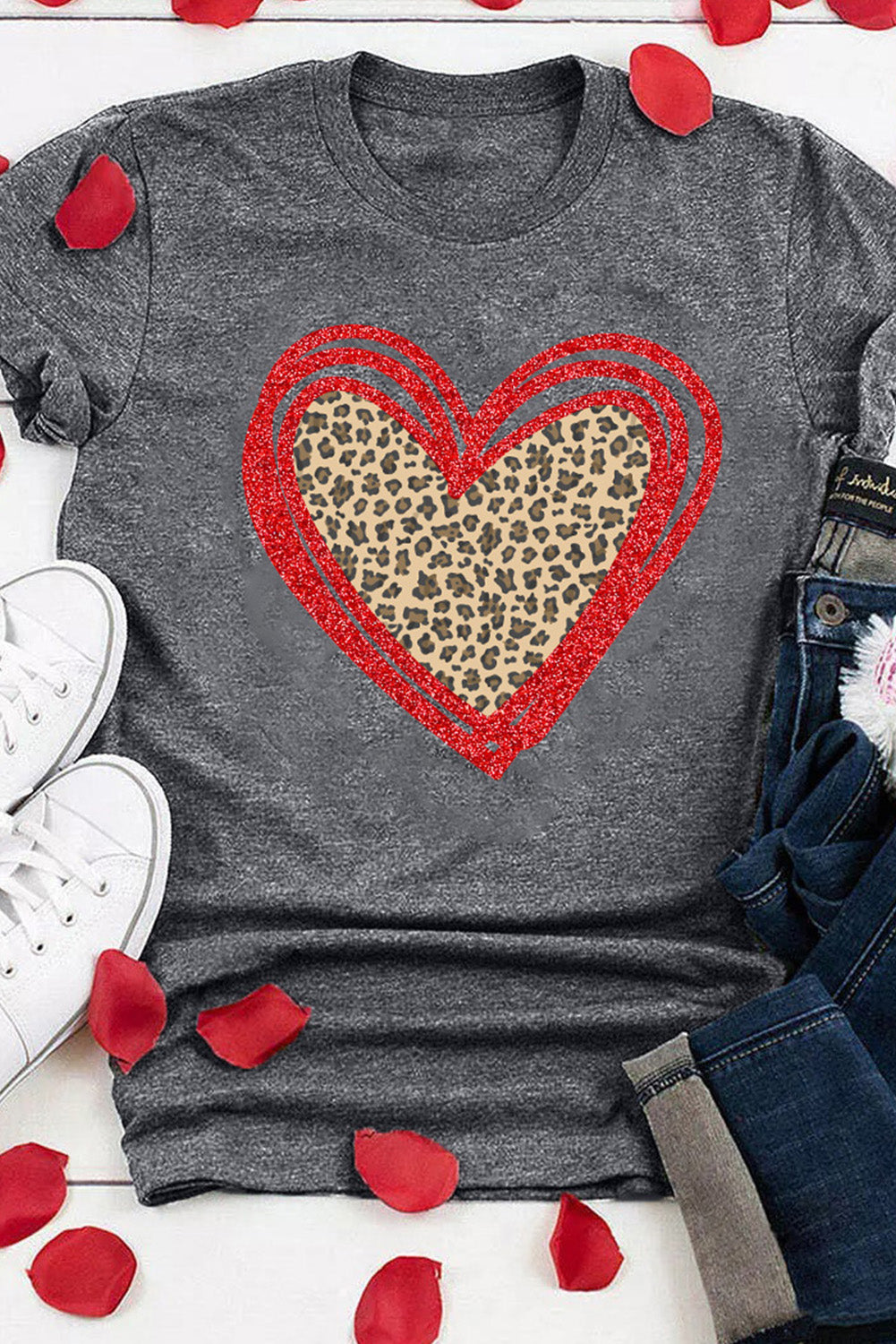 Gray Sequin Leopard Heart Graphic T-shirt