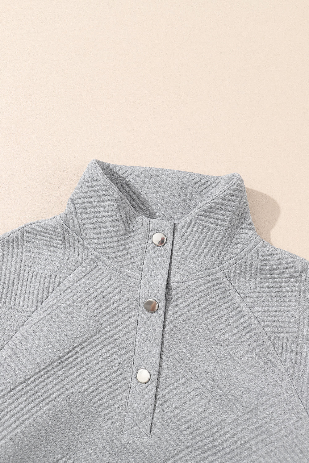 Light Grey Textured Knit Buttoned Kangaroo Pocket Sweatshirt