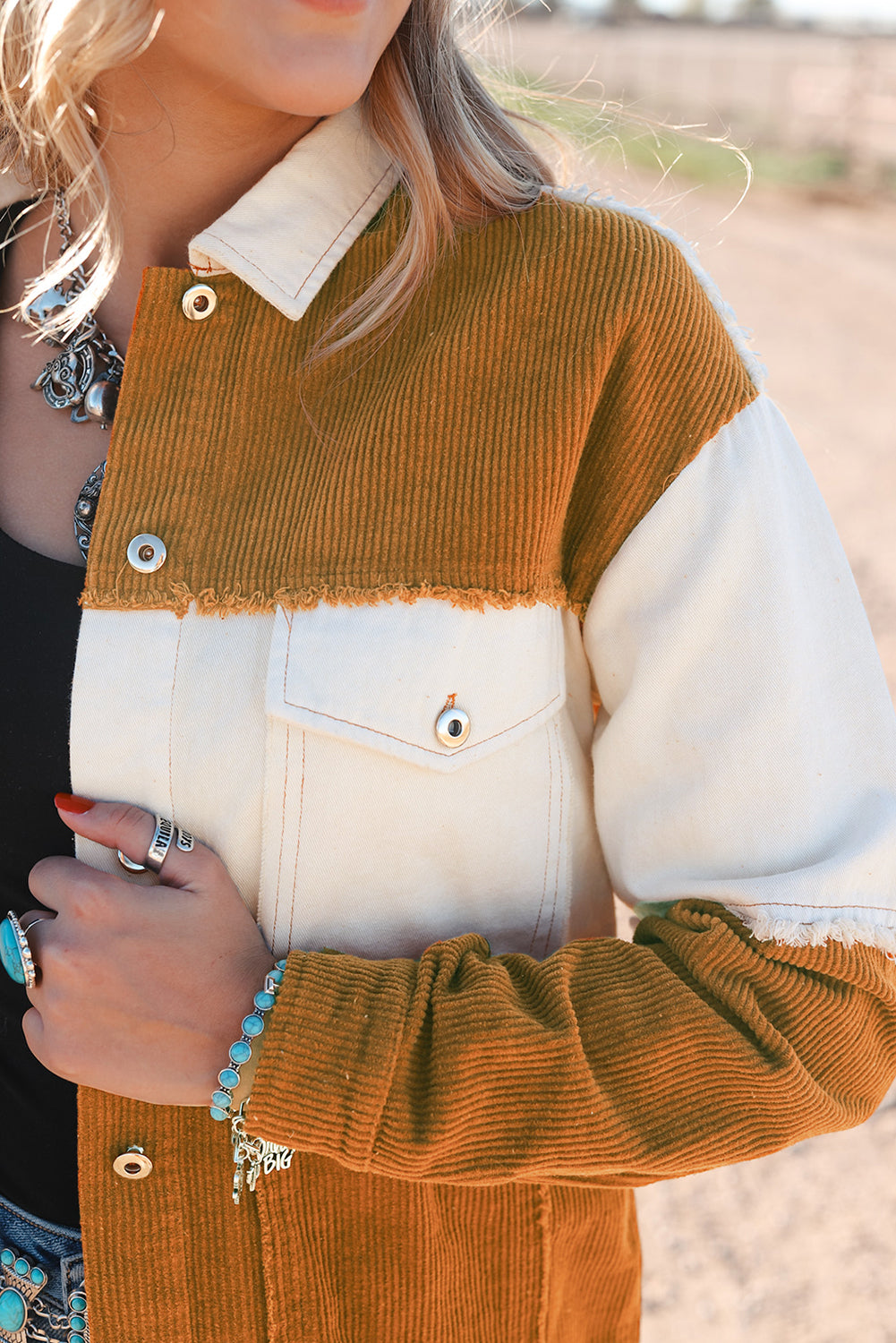 Brown Colorblock Flap Pocket Raw Edge Buttoned Jacket