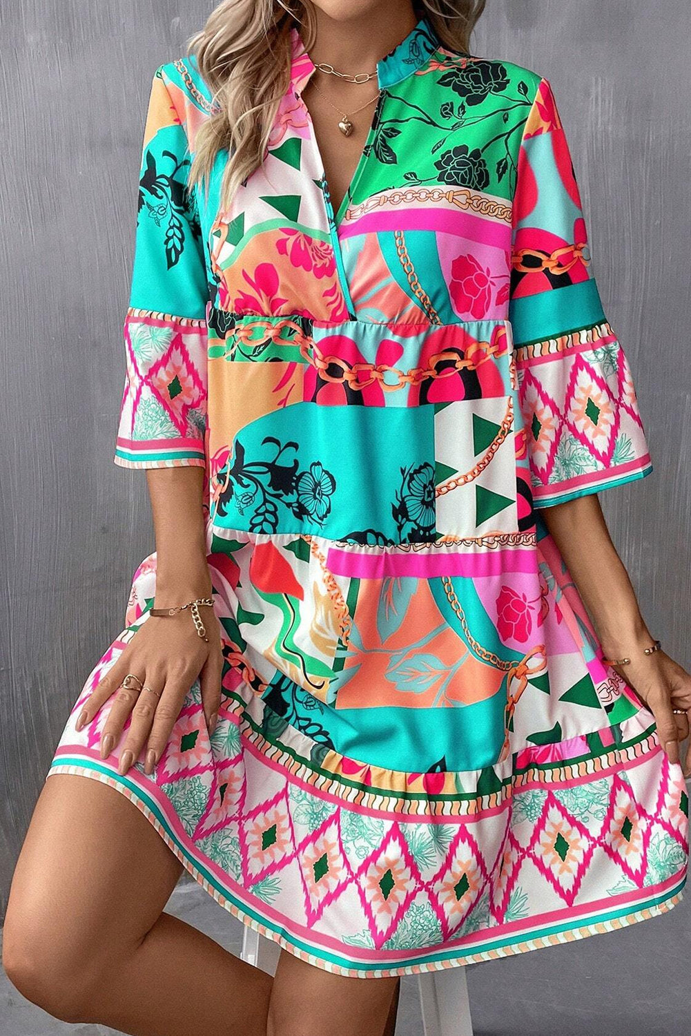 Multicolour Abstract Printed Half Sleeve Notched Neck Mini Dress