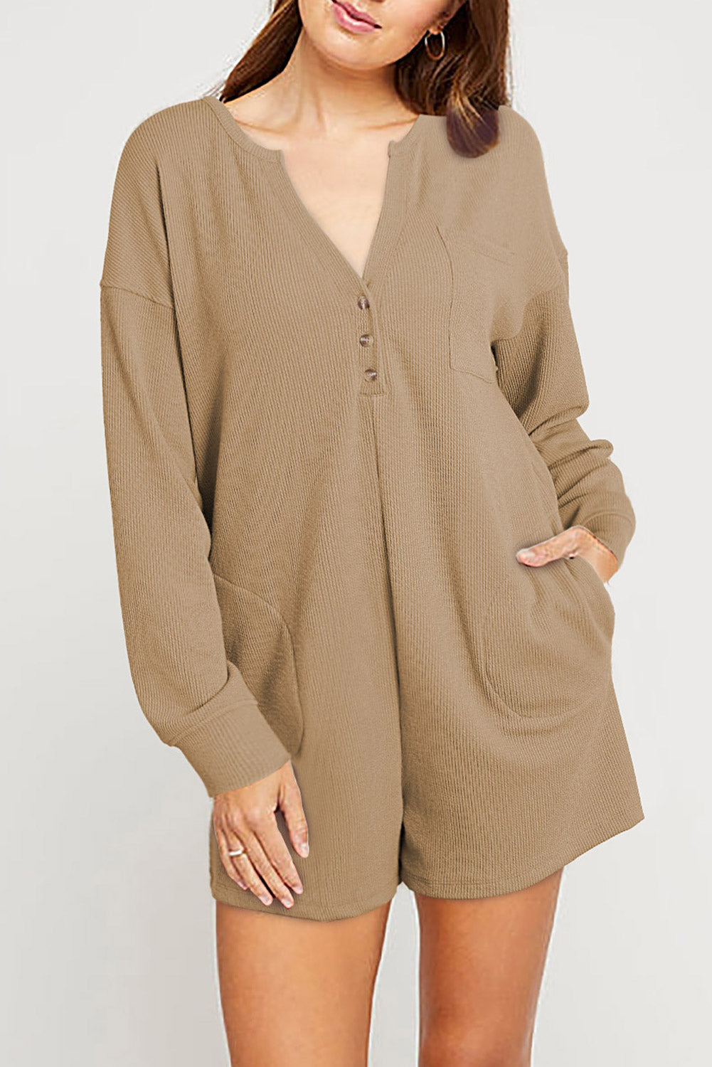 Khaki Brushed Ribbed Button Split V Neck Long Sleeve Romper