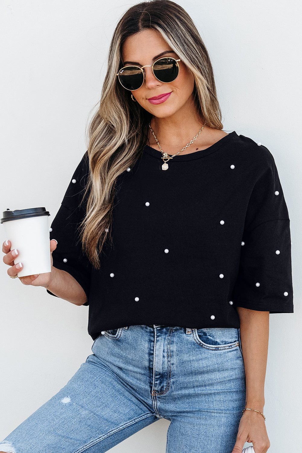 Black Pearl Beaded  Drop Shoulder Crewneck T Shirt