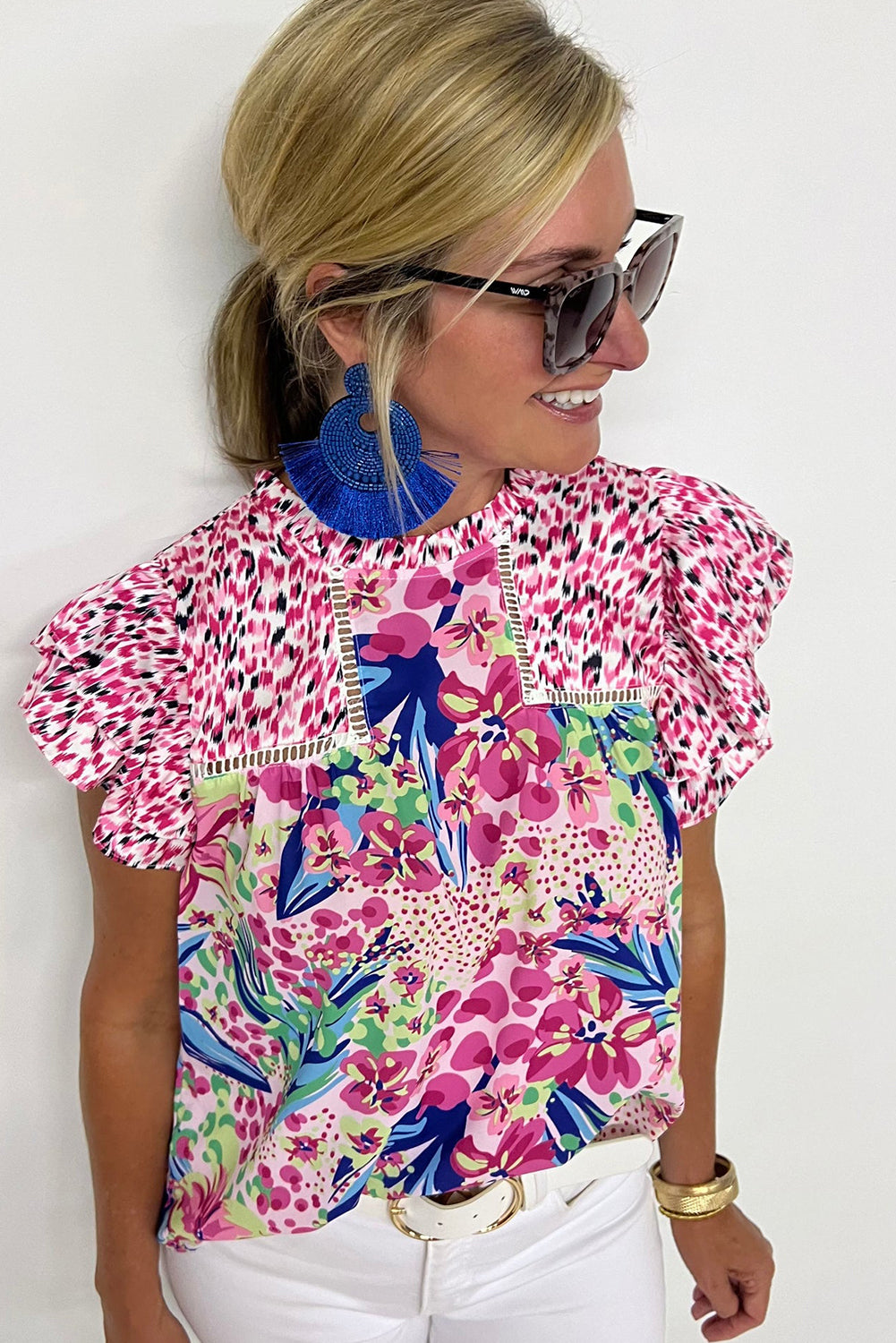 Pink Floral Mixed Print Ruffle Cap Sleeve Blouse