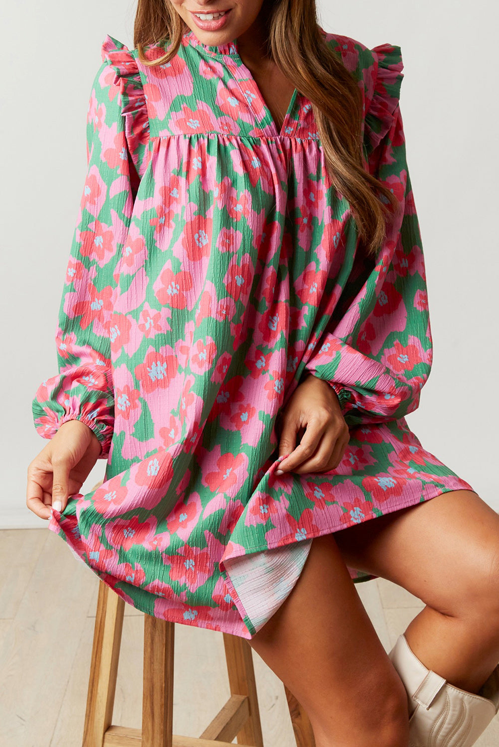 Pink Split V Neck Bubble Sleeve Loose Floral Dress