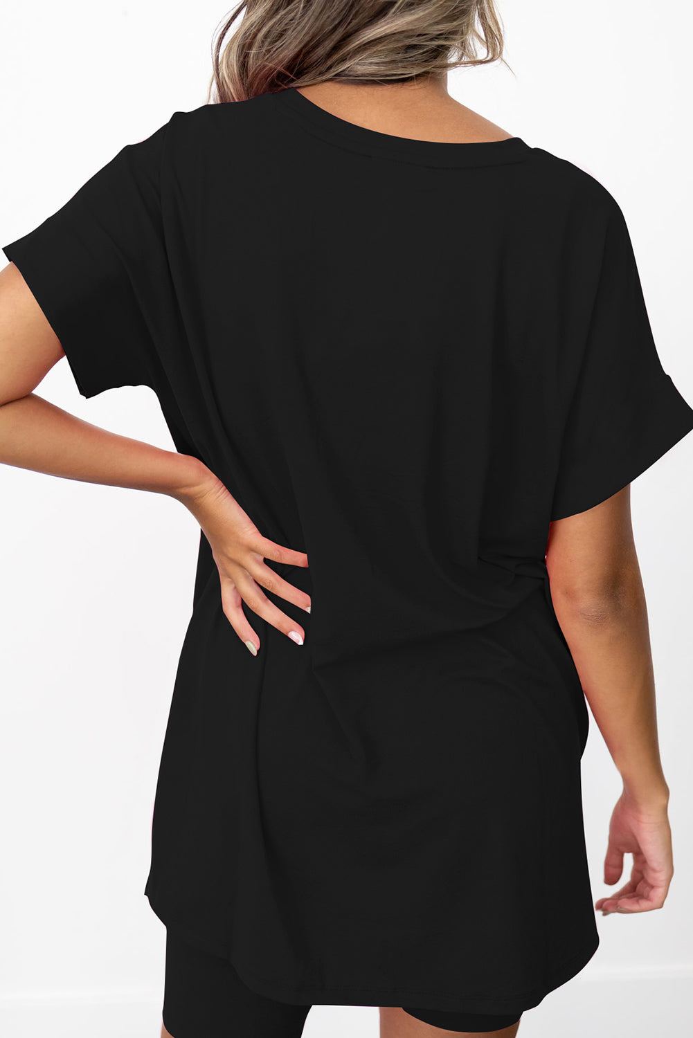 Black Solid Split Hem Tunic Tee and Tight Shorts Set