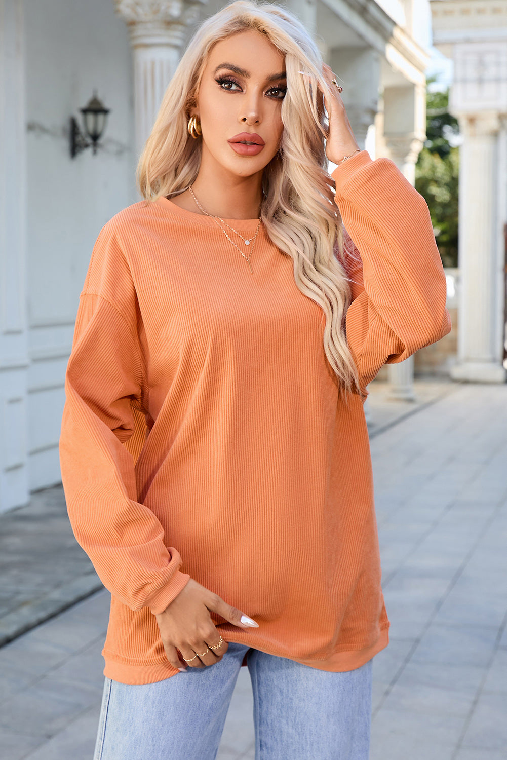 Orange Ribbed Corded Oversized Sweatshirt