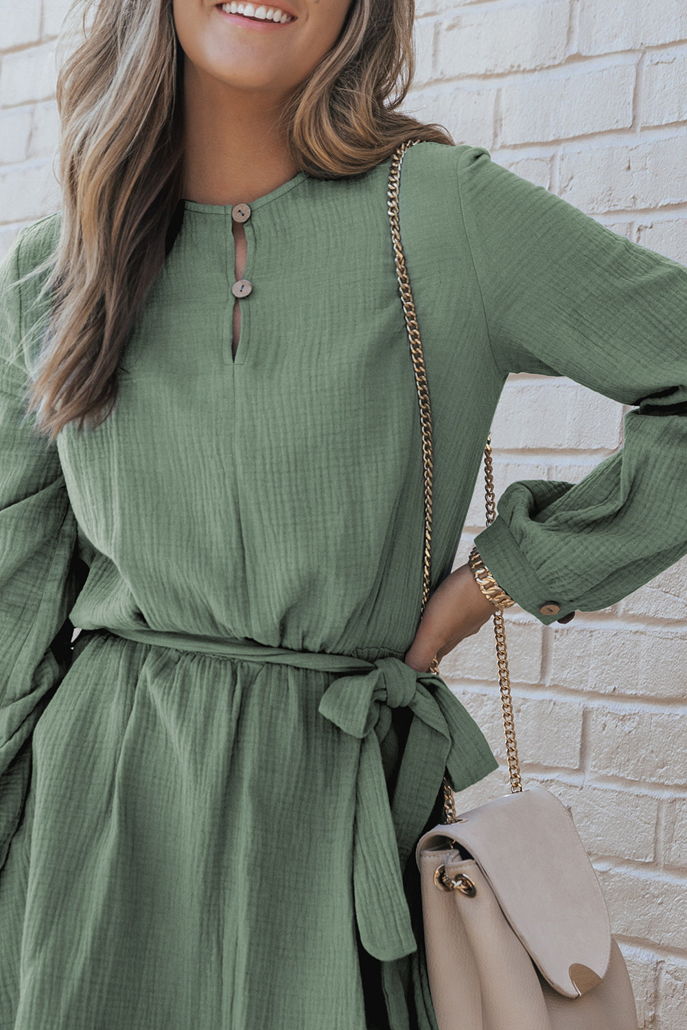 Pickle Green Button Neck Puff Sleeve Belted Pleated Mini Dress