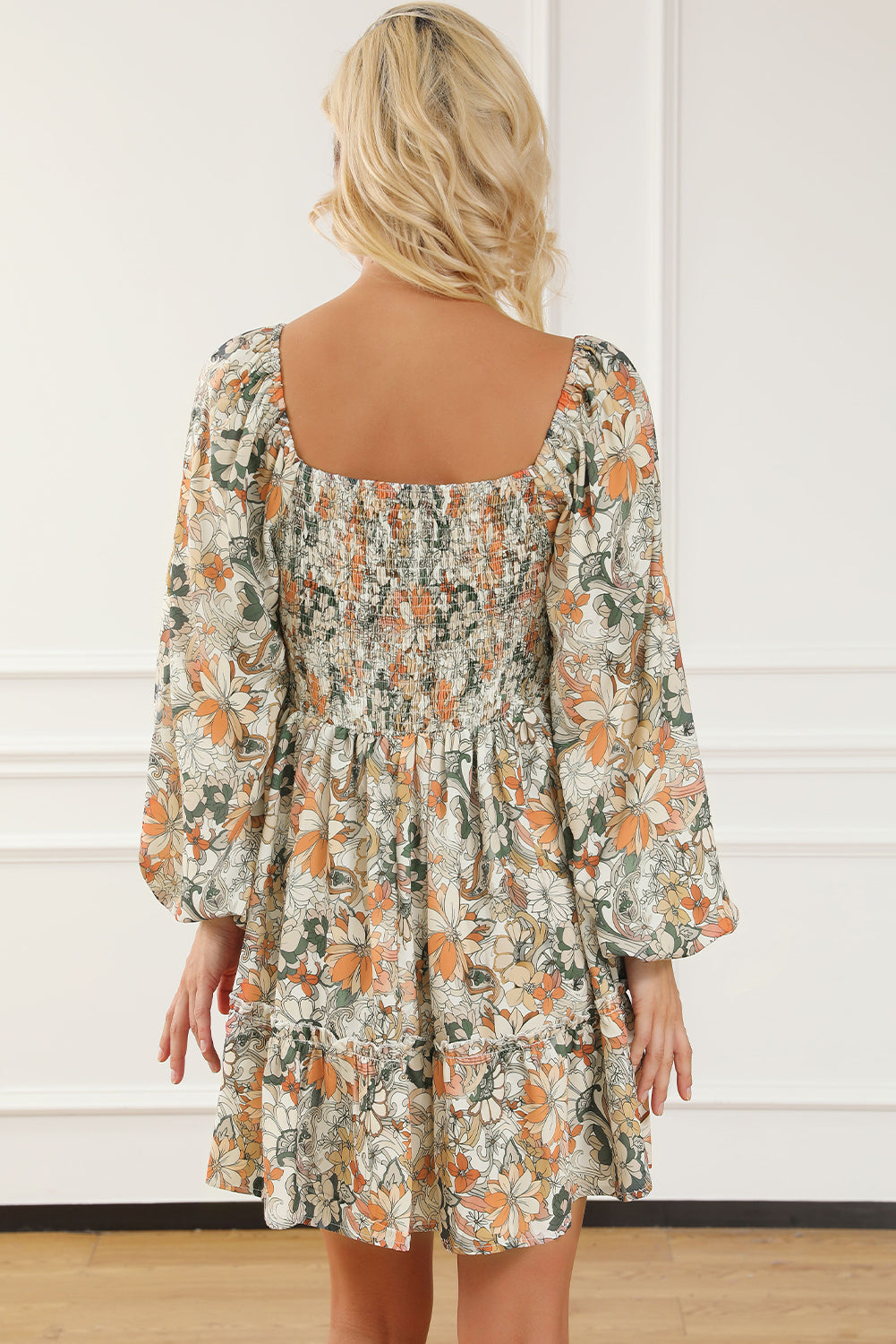 Floral Print Smocked Back Puff Sleeve Mini Dress