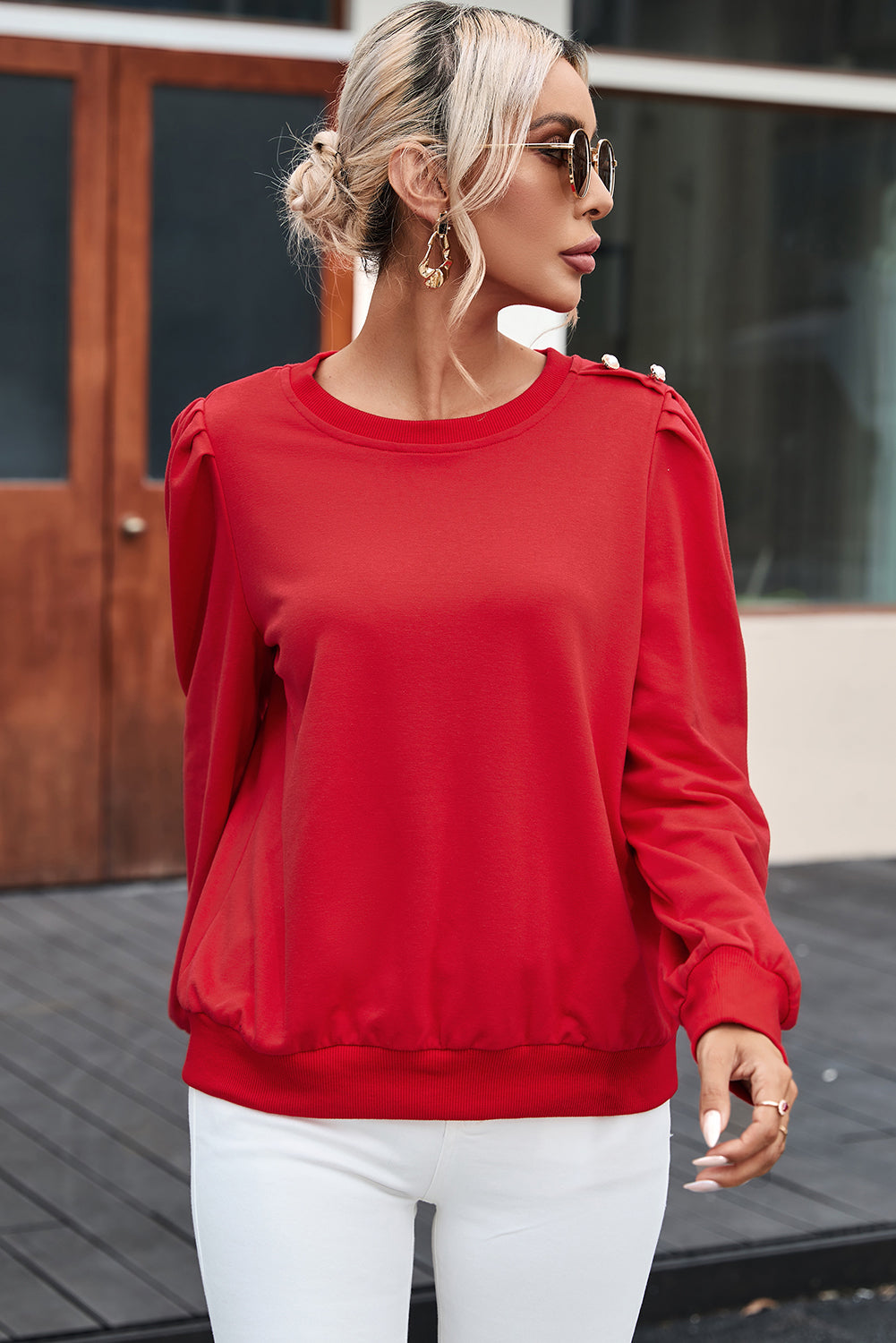 Fiery Red Button Tab Detail Long Sleeve Top