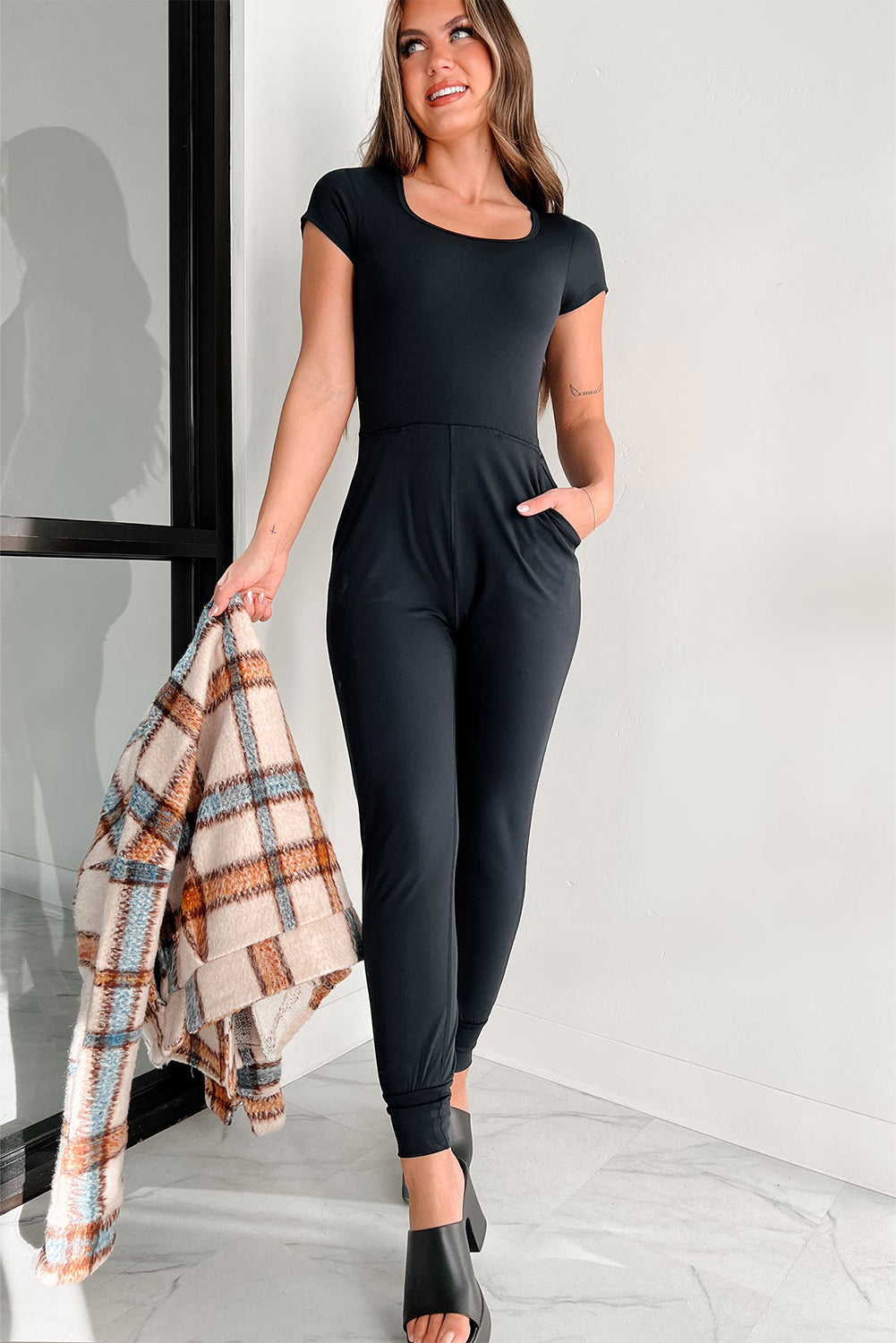 Black Short Sleeve Pocket Jogger Bottom Athleisure Jumpsuit