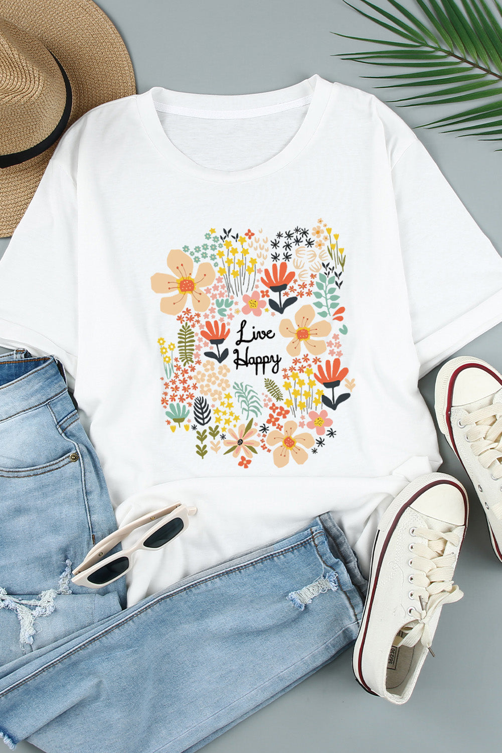 White Live Happy Floral Print T Shirt
