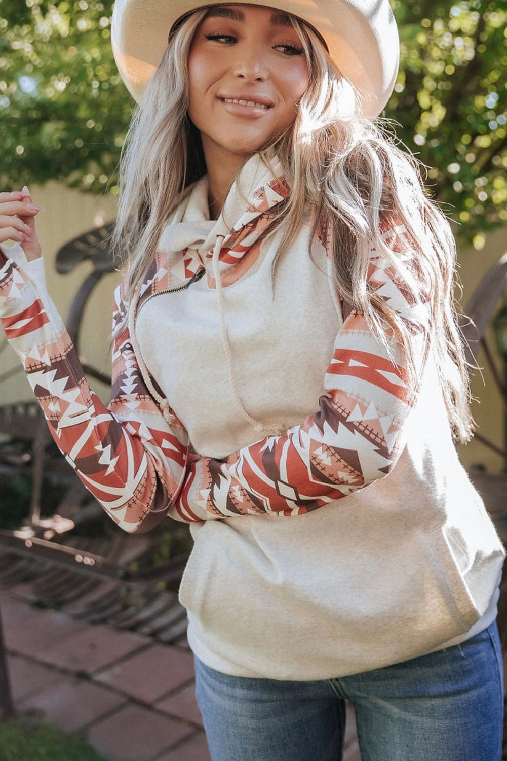 Western Aztec Print Patchwork Double 	Hood Hoodie