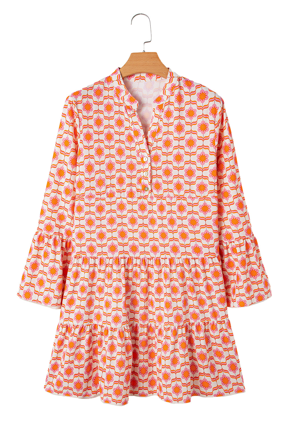 Orange Floral Print Flounce Sleeve Buttoned Front Mini Dress