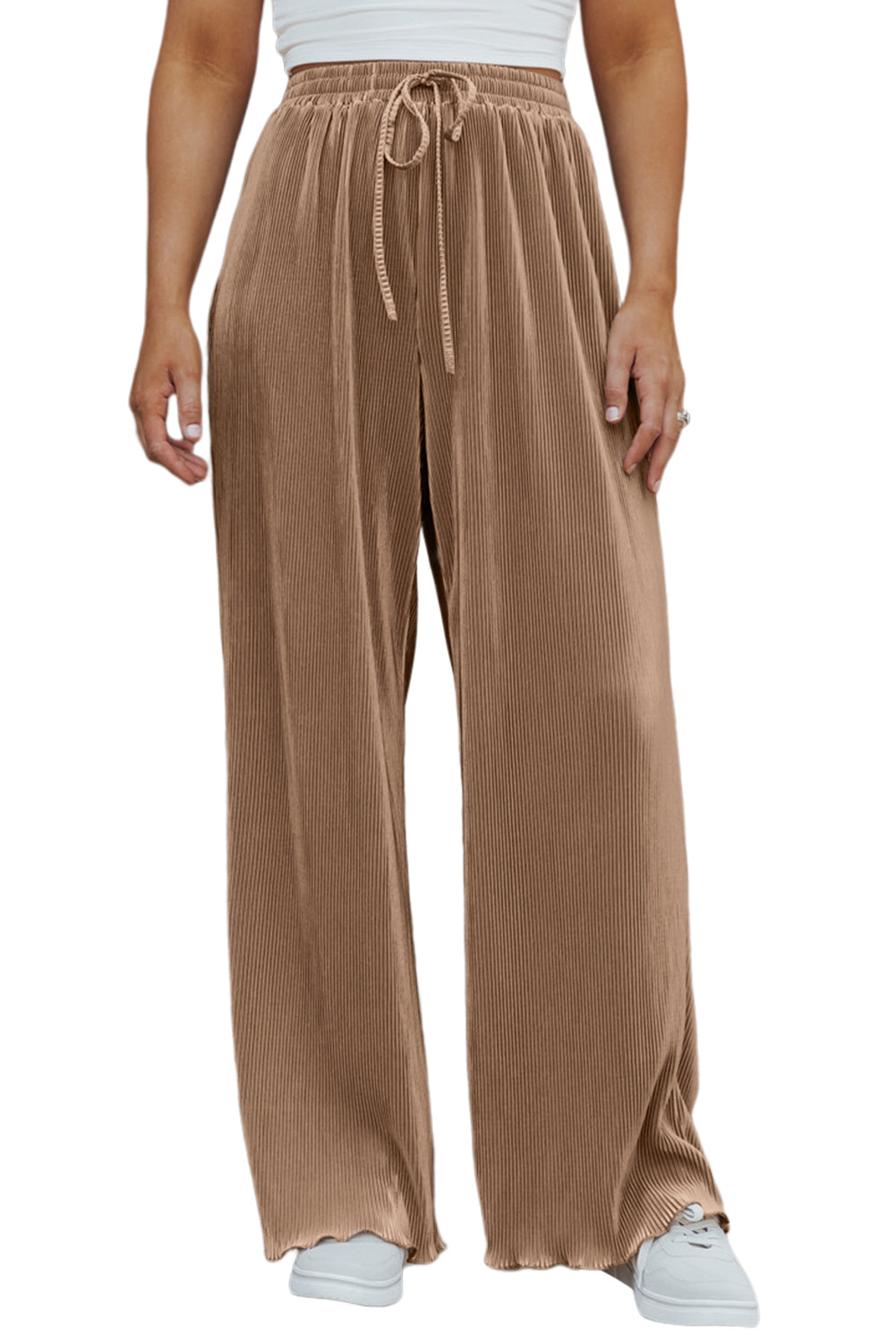 Camel Drawstring High Waist Pleated Wide Leg Pants