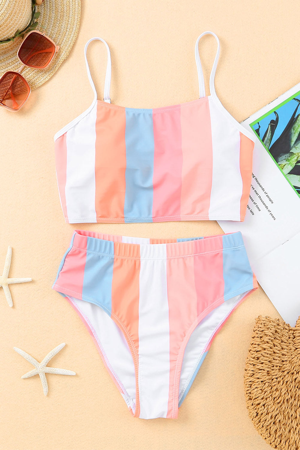 Orange Vertical Striped High Waist Bikini Swimsuit