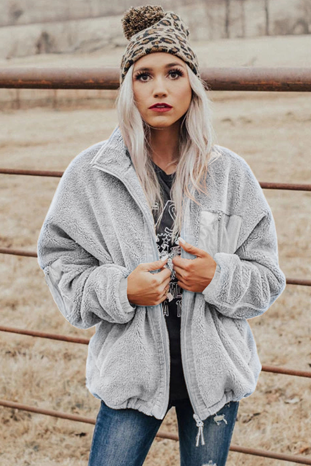 Gray Zip Up Sherpa Coat with Pocket