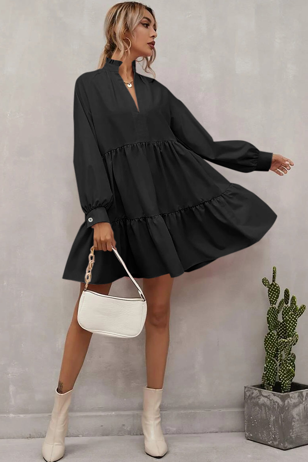 Black Frilled Stand Collar Long Sleeve Ruffle Dress