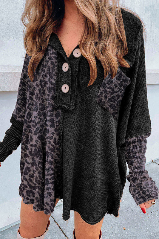 Black Leopard Patchwork Waffle Knit Buttoned Blouse