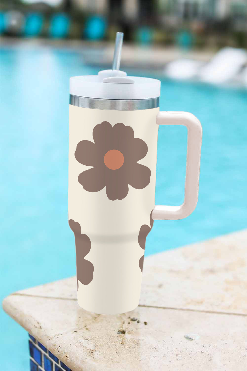 Light French Beige Flower Print Handle Stainless Vacuum 40oz