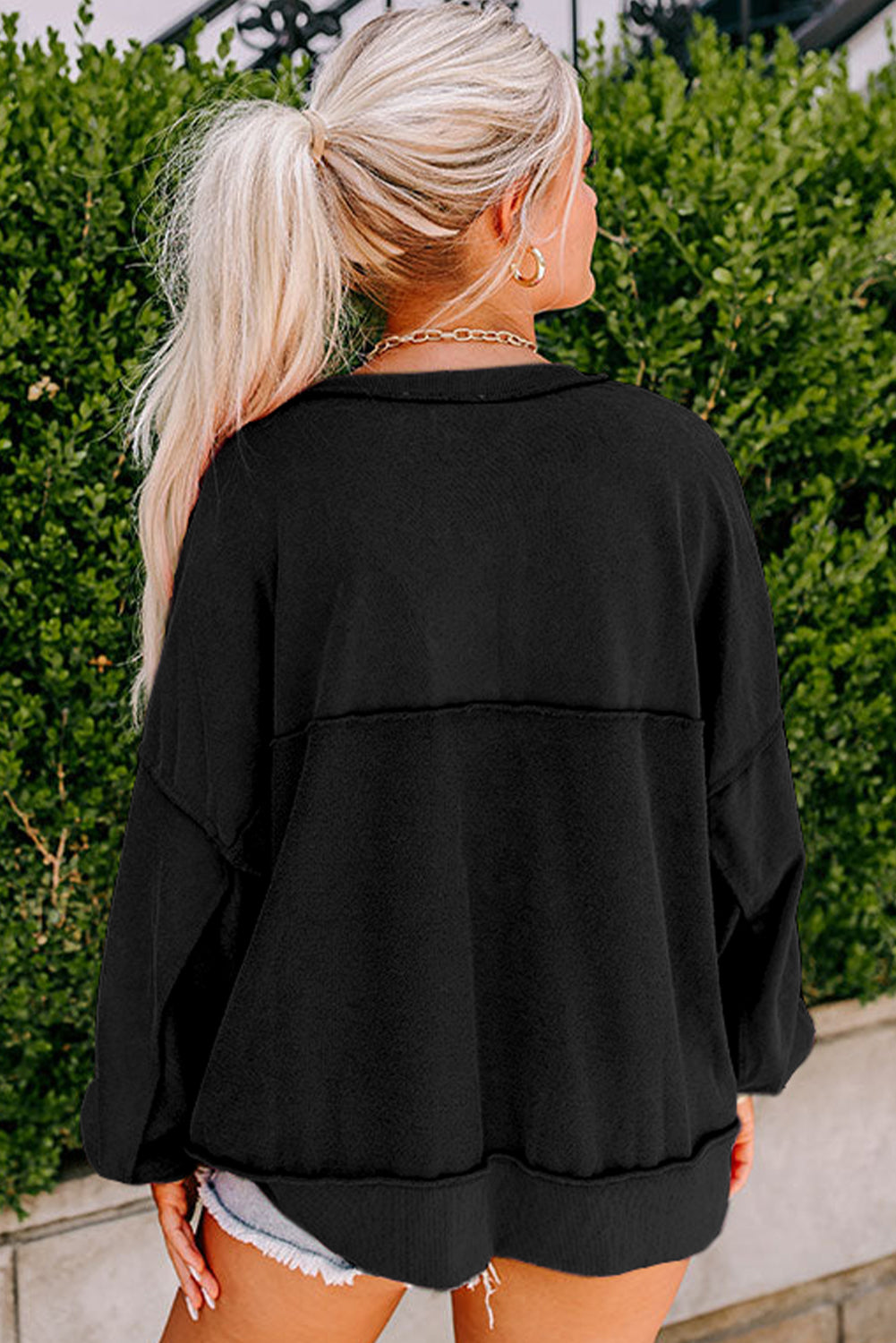 Black Drop Shoulder Henley Buttons Sweatshirt