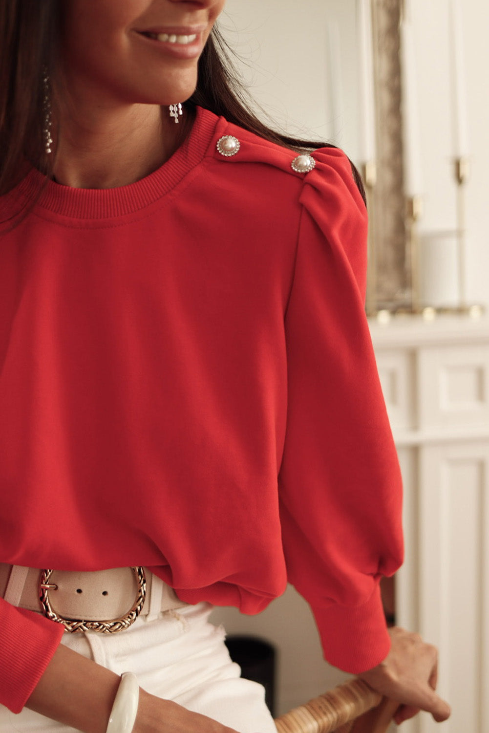 Fiery Red Button Tab Detail Long Sleeve Top