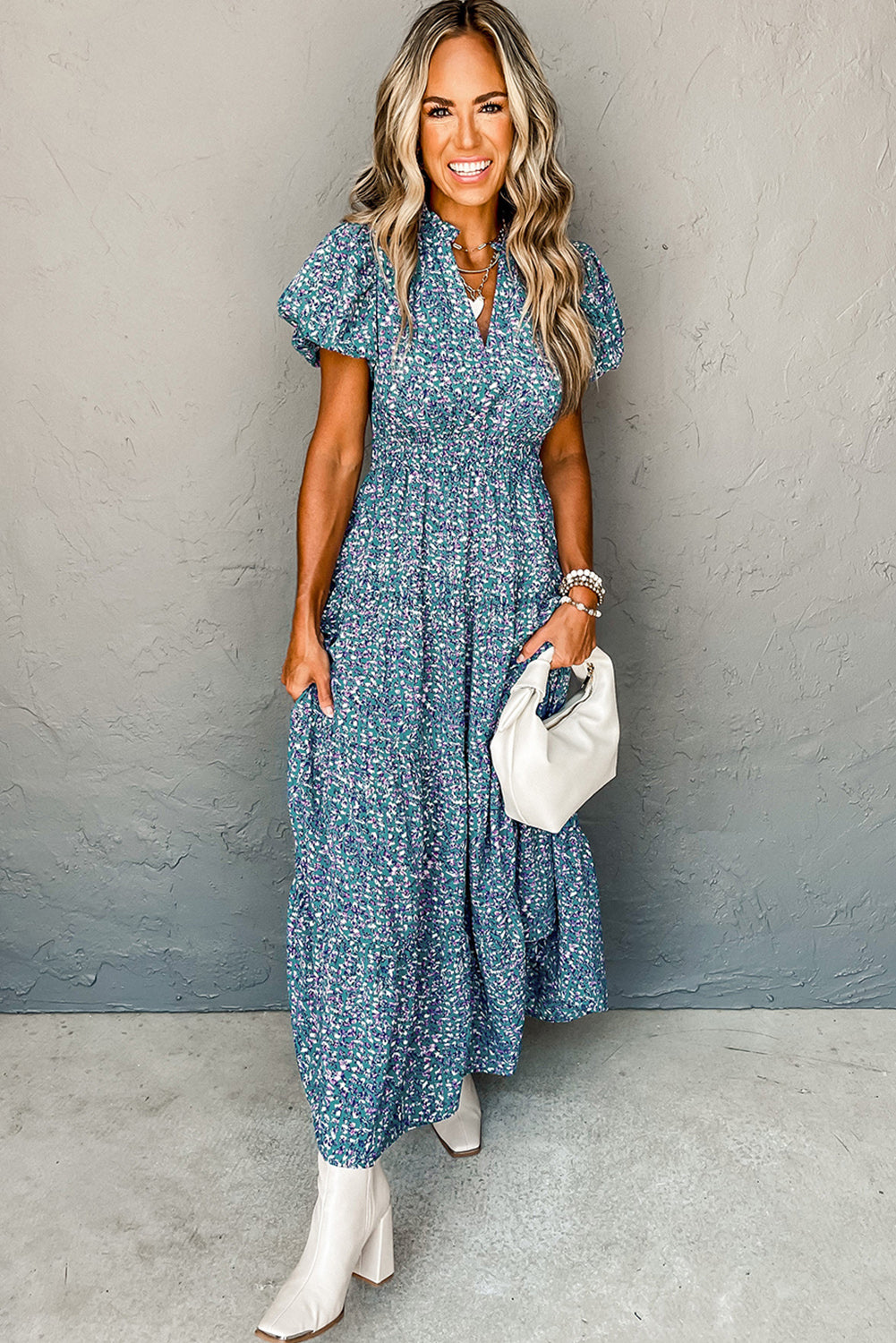 Blue Printed V Neck Shirred Short Puff Sleeve Maxi Dress