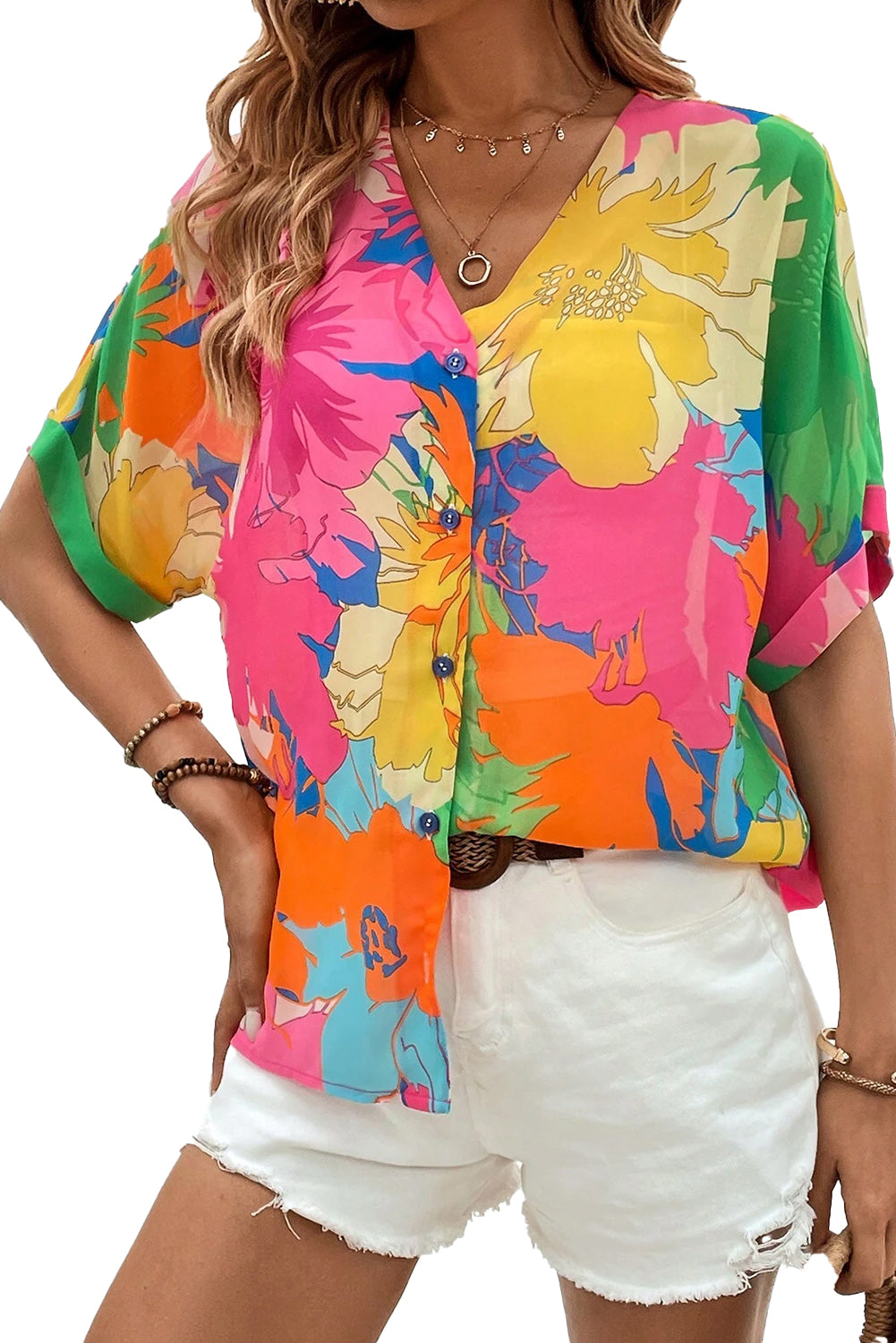 Multicolour Floral Print Folded Short Sleeve Shirt