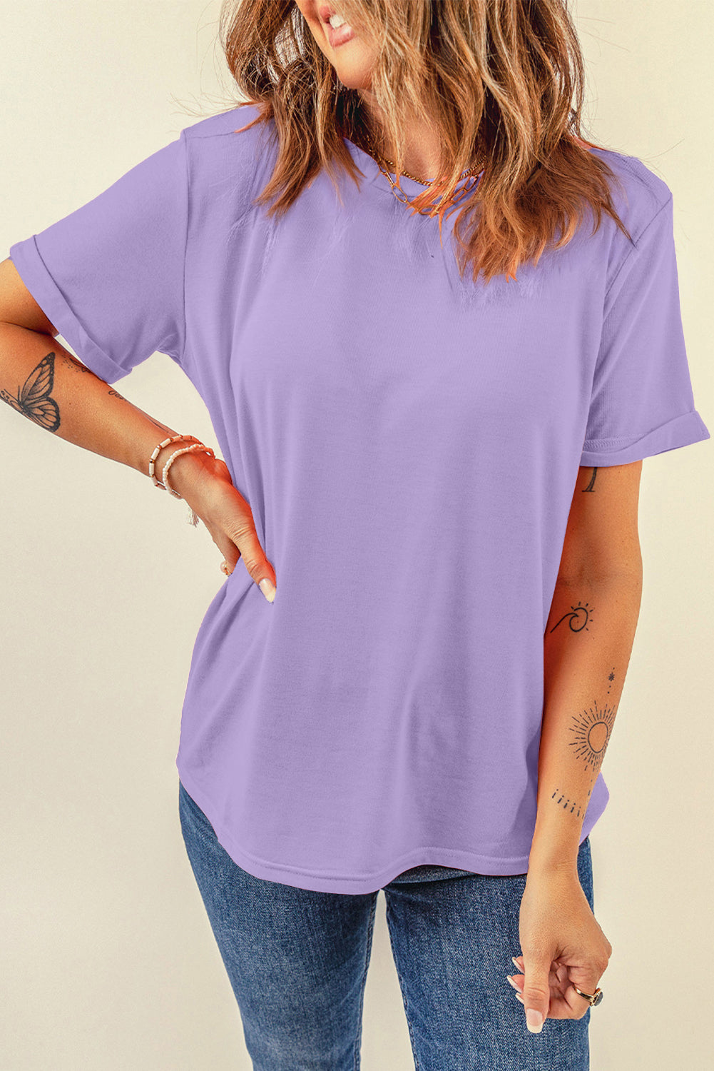 Wisteria Casual Plain Crew Neck Tee