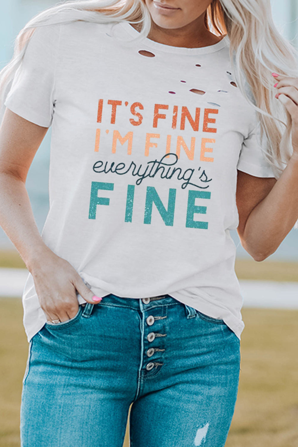 White Everything is Fine Graphic Distressed T-shirt