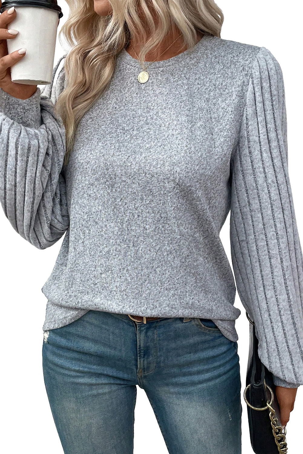 Gray Contrast Ribbed Bishop Sleeve Top