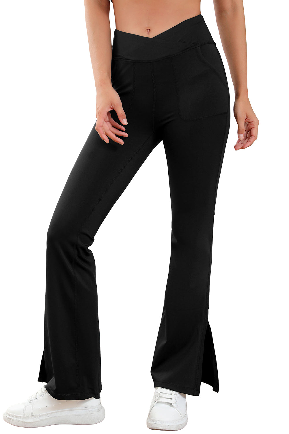 Black Cross Waist Pocketed Split Hem Flared Leggings