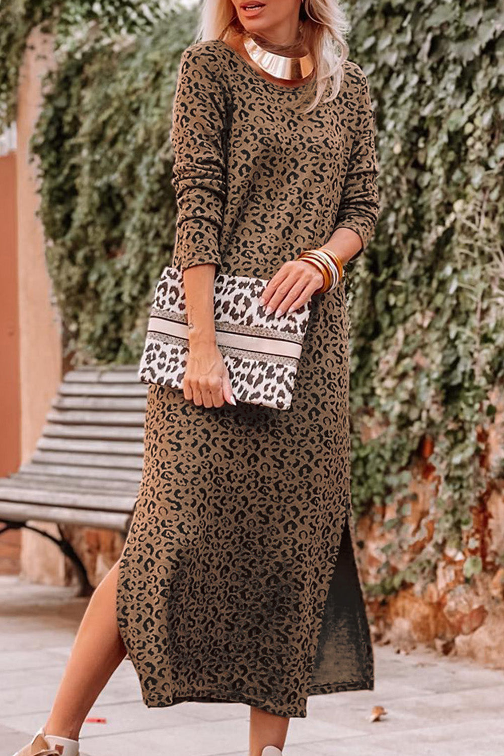 Leopard Round Neck Long Sleeve Split Dress