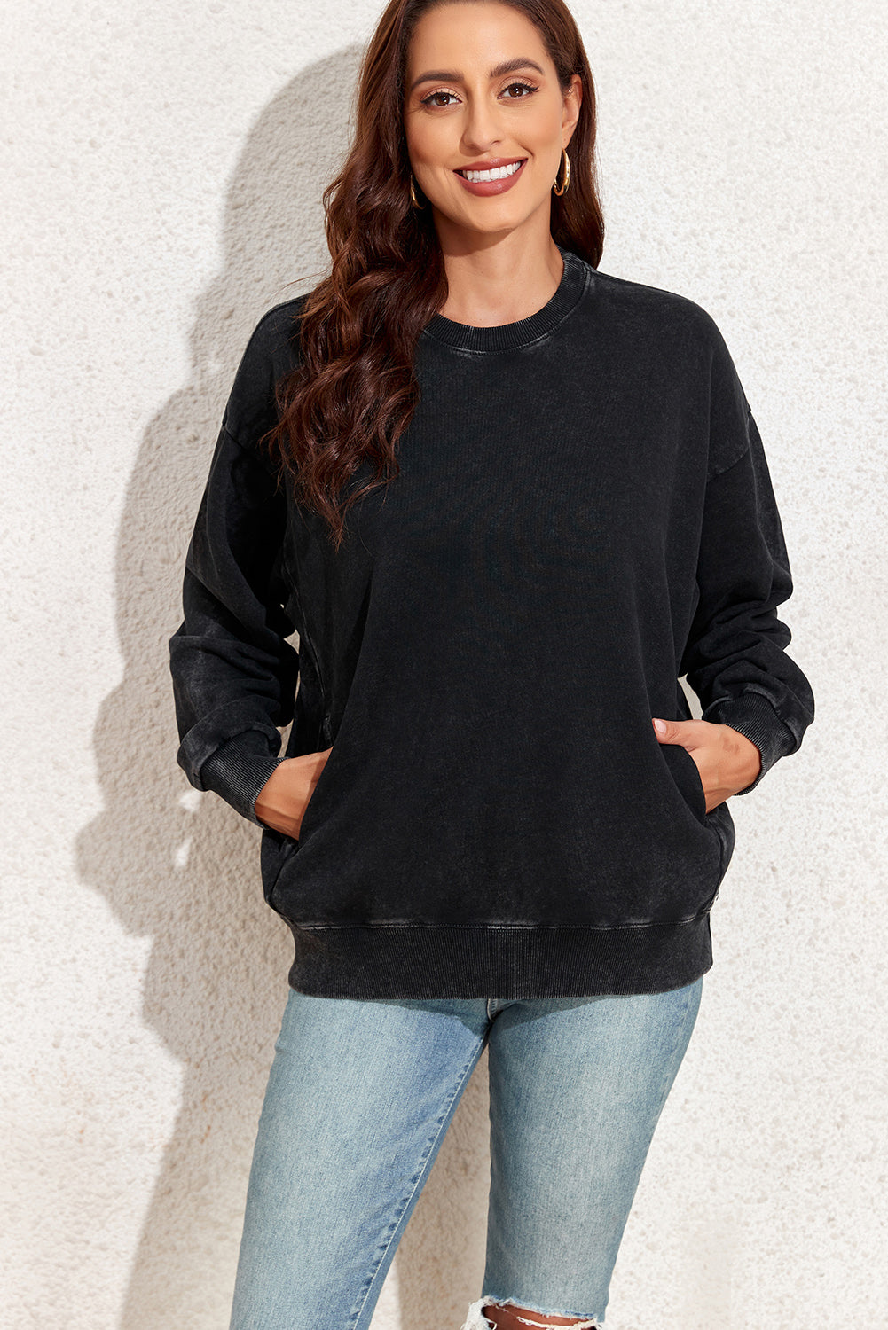 Black Vintage Wash Pocketed Round Neck Sweatshirt