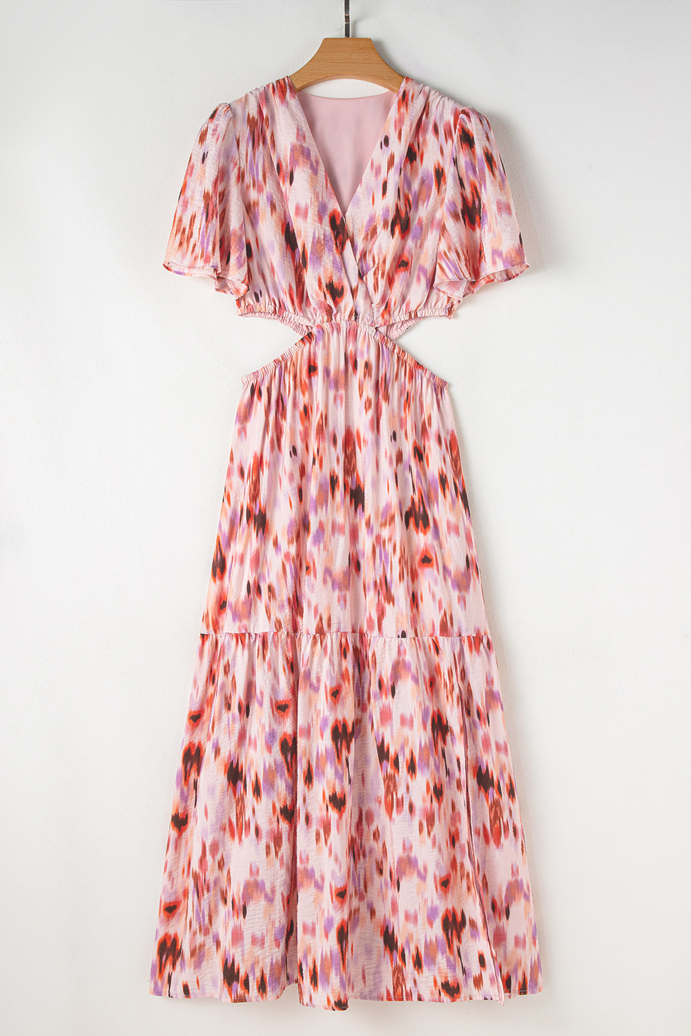 Pink Abstract Printed Flutter Sleeve Daring Cutout Long Dress