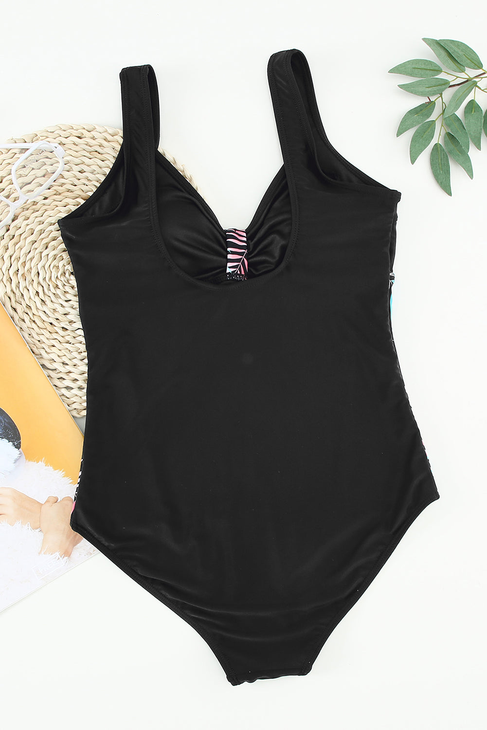 Black Leaves Splicing Ruched Front Open Back One-piece Swimsuit