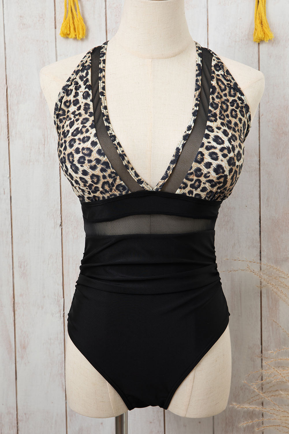 Brown Leopard Mesh Insert V Neck High Waist Monokini