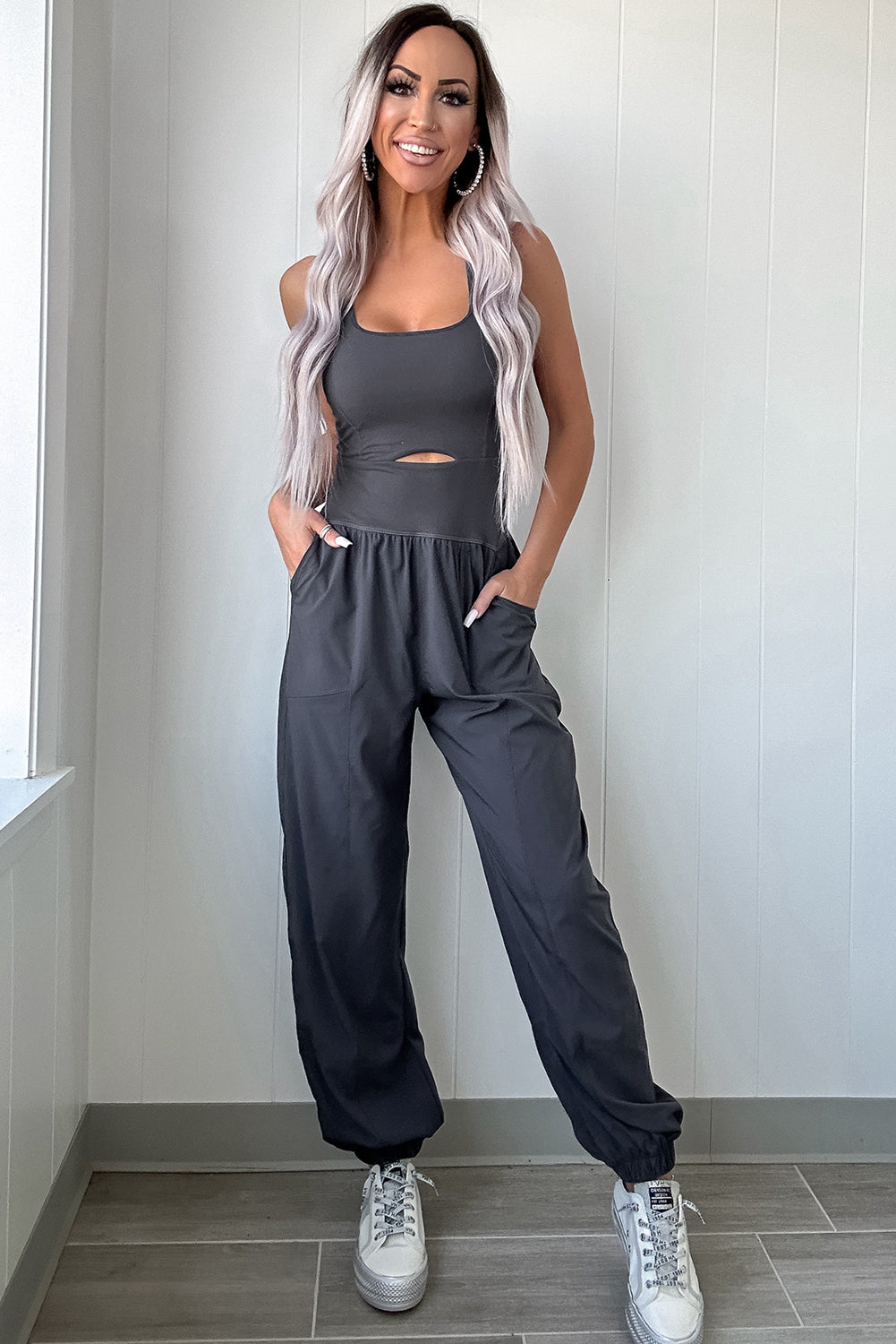 Carbon Grey Back Crossed Straps Hollow Out Jogger Jumpsuit