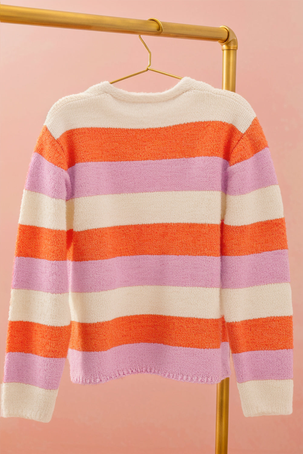 Orange Stripe Colorblock V Neck Casual Sweater