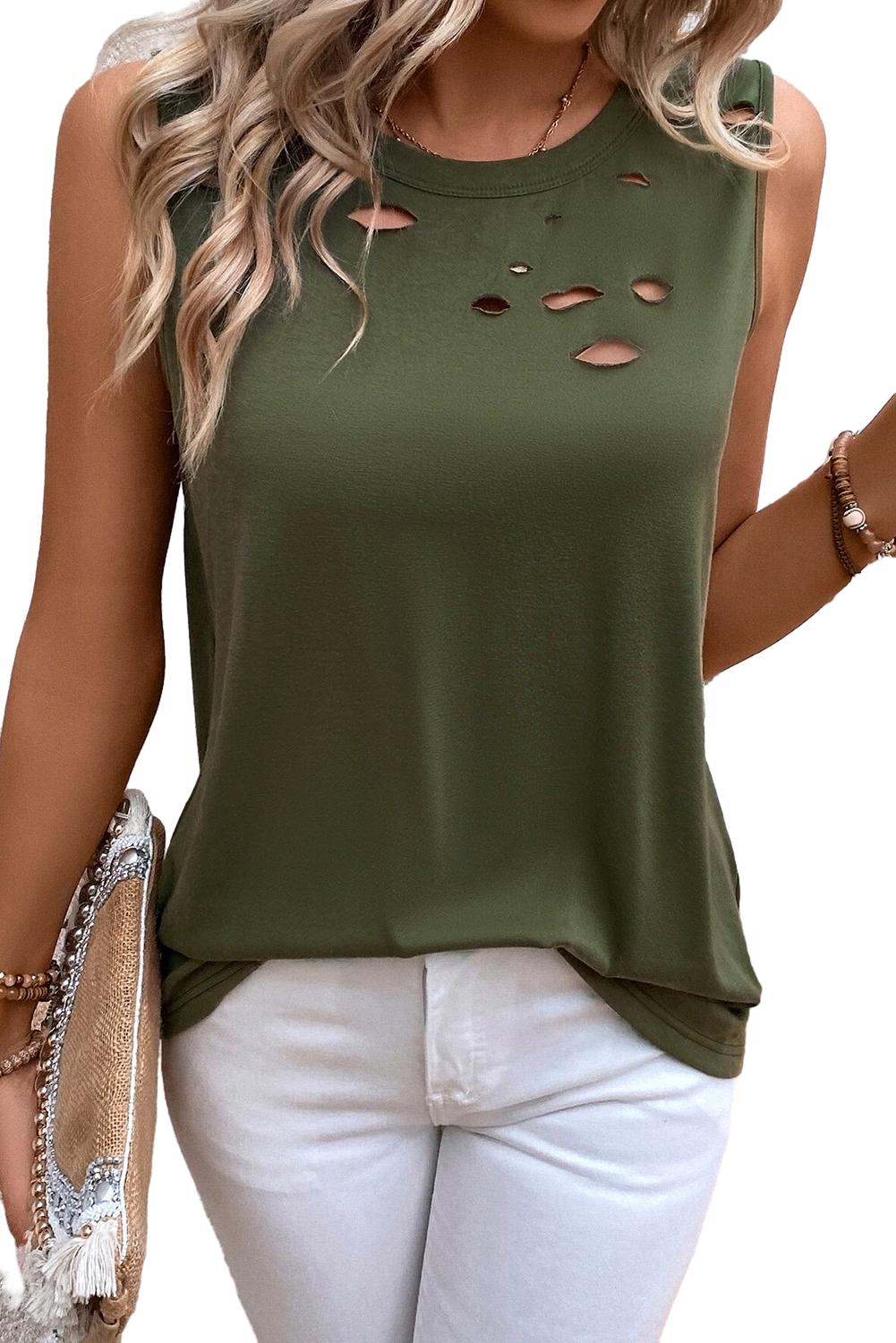 Jungle Green Solid Color Distressed Holes Crew Neck Tank Top