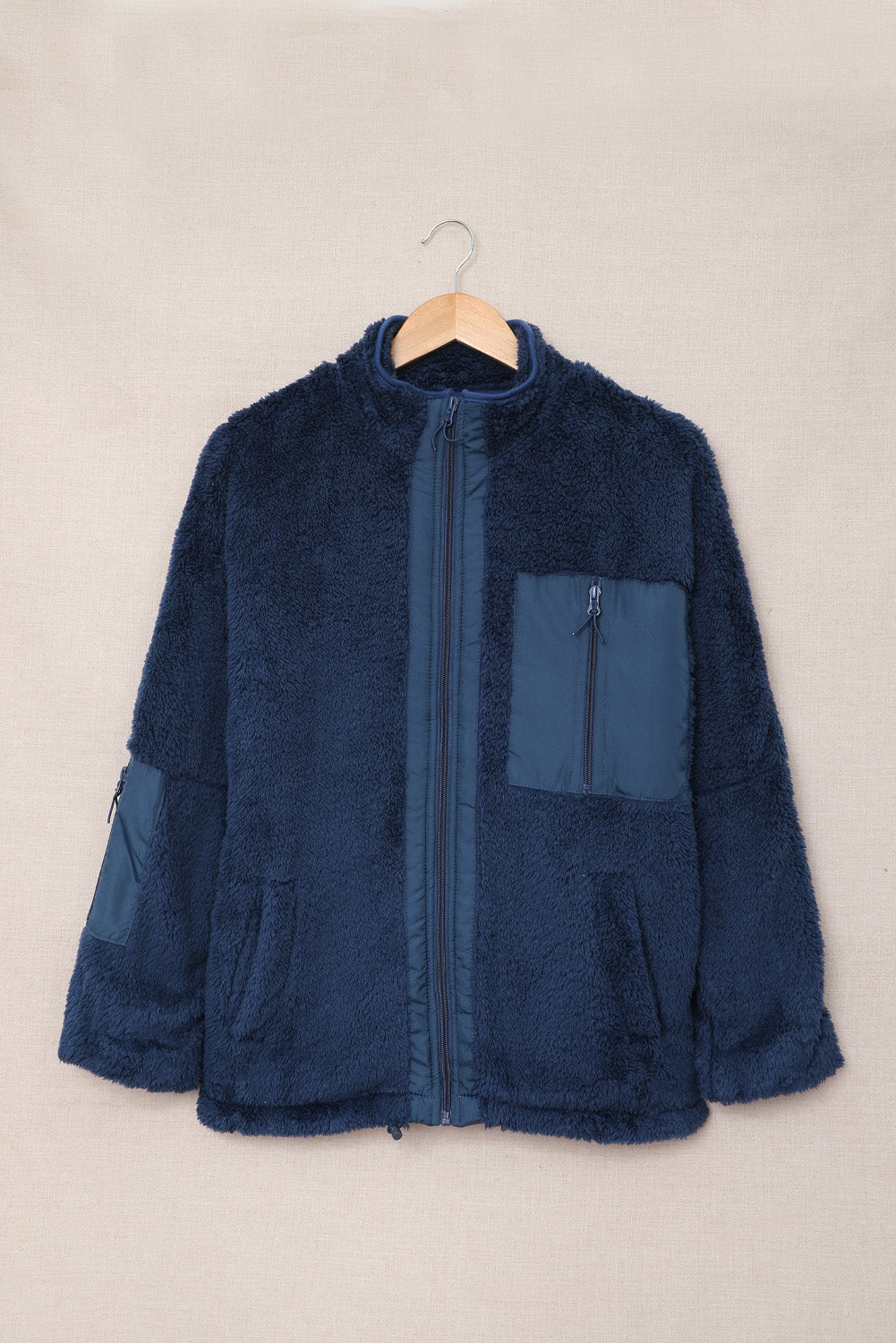 Blue Black Zip Up Sherpa Coat with Pocket