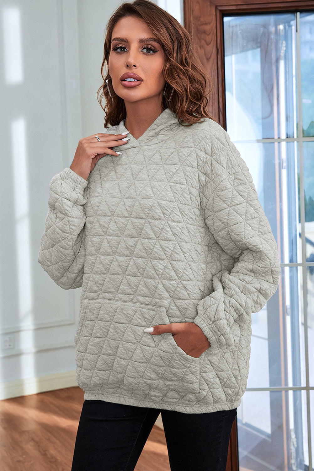 Light Grey Solid Color Quilted Kangaroo Pocket Hoodie