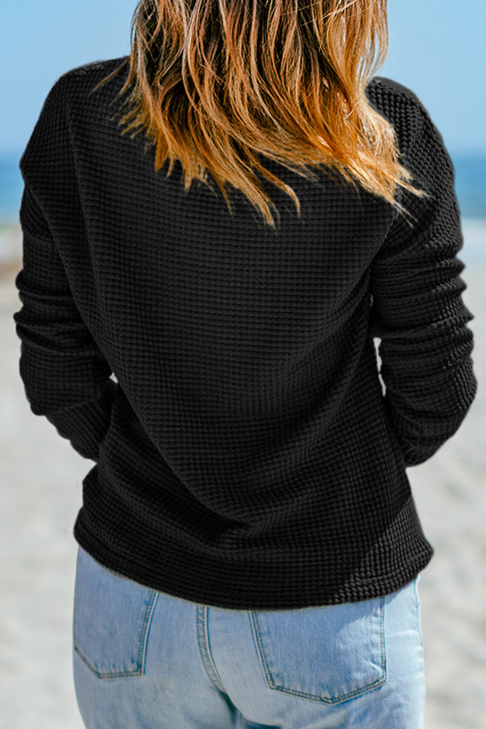 Black Waffle Knit Drop Shoulder Long Sleeve Top