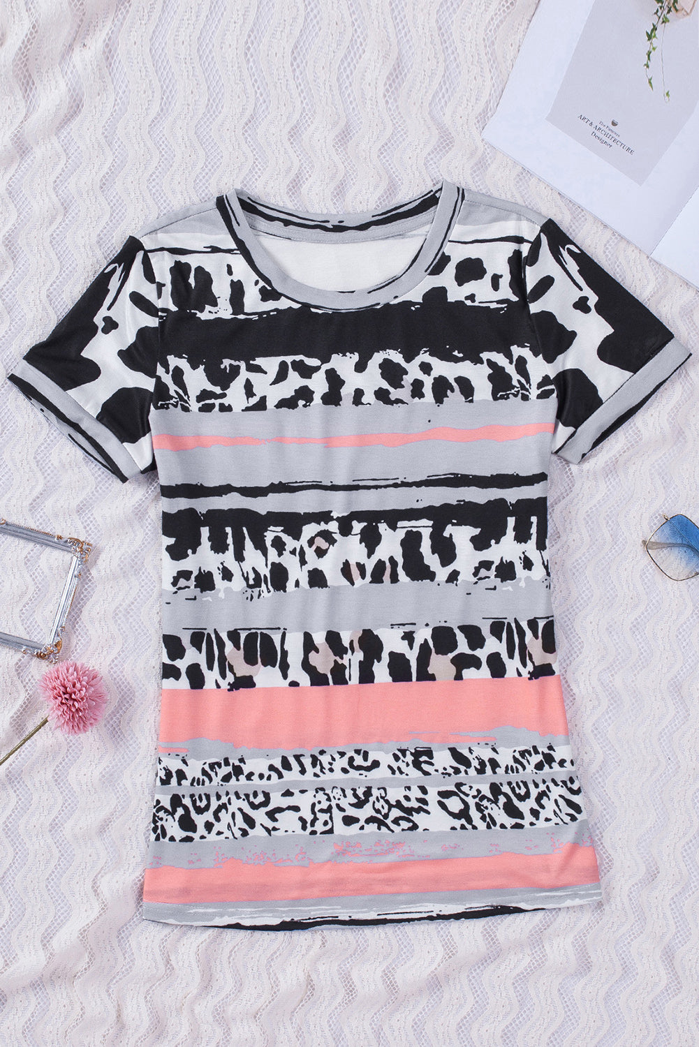 Gray Cow Leopard Striped O-Neck Western Tee