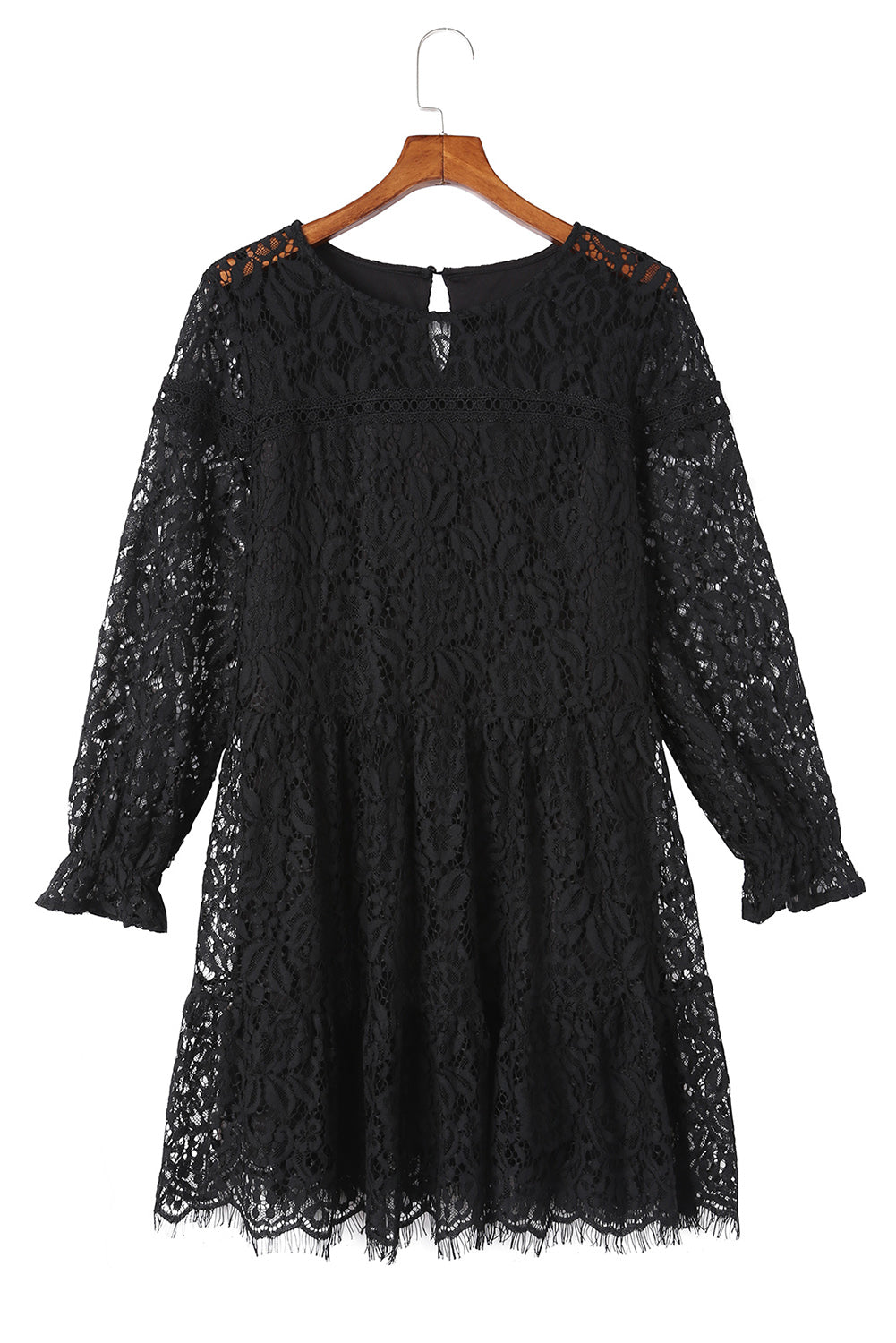 Black Lace Splicing Long Sleeve Mini Dress