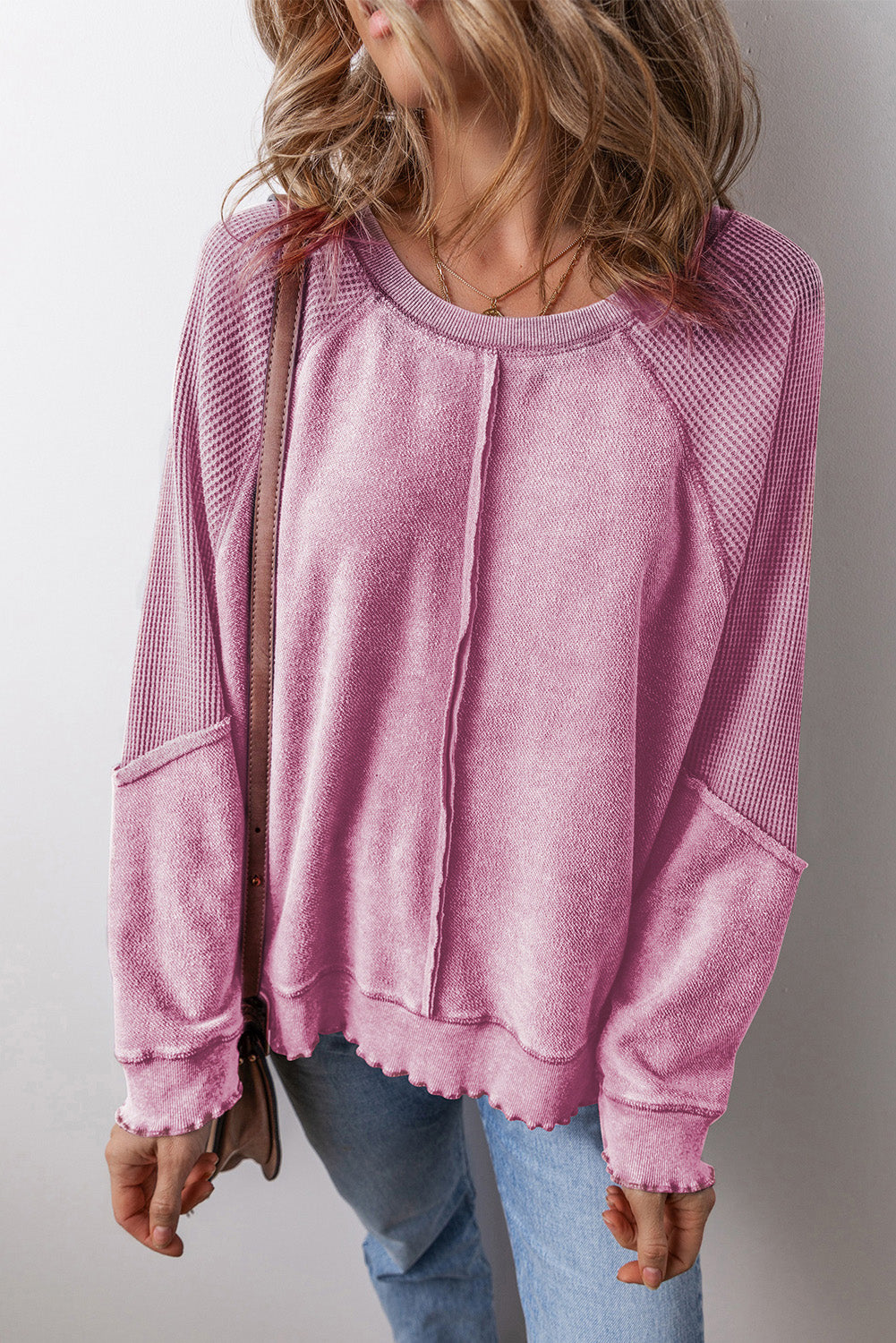 Pink Waffle Knit Patchwork Exposed Seam Raglan Sweatshirt