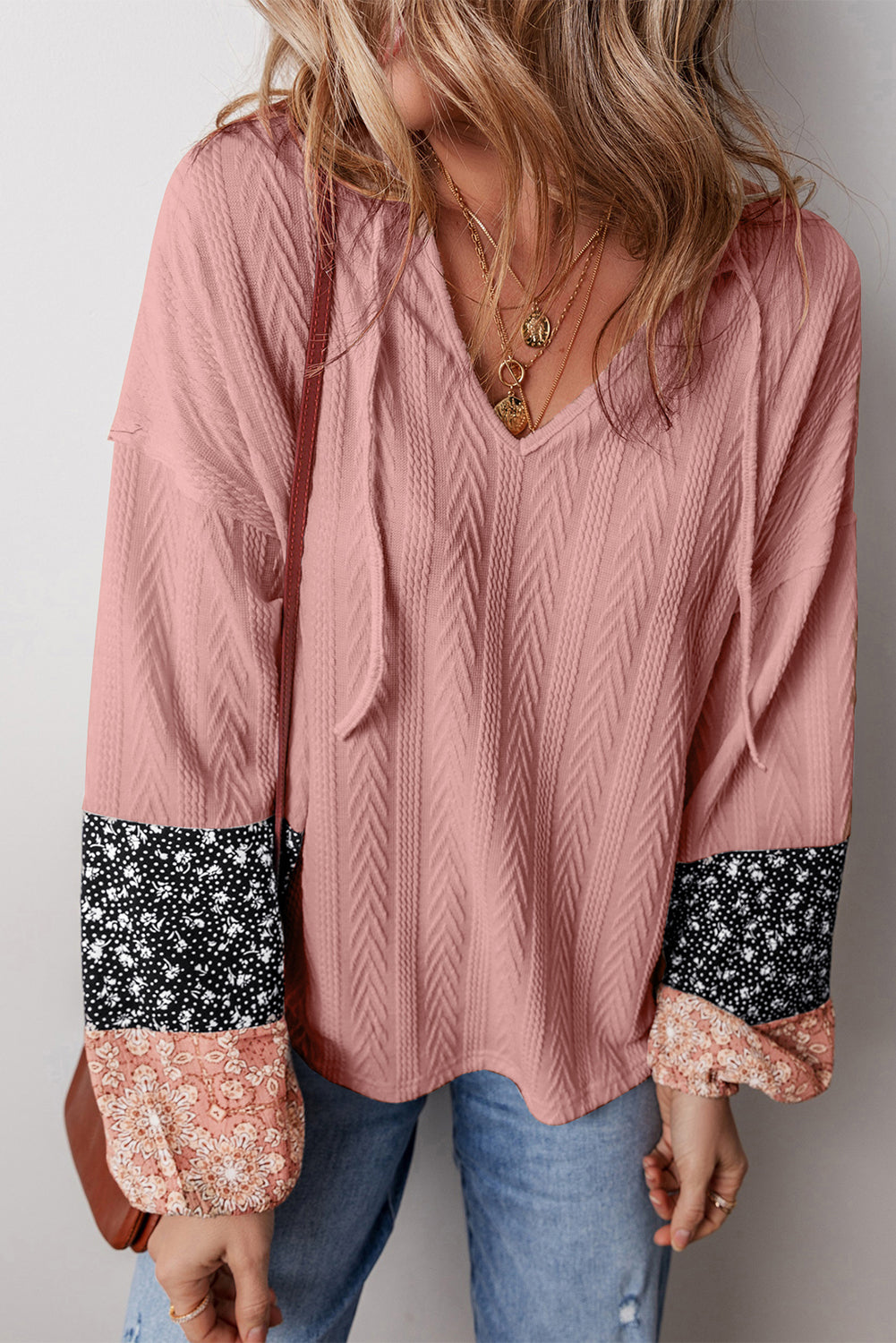 Dusty Pink Floral Patchwork Textured Knit Drawstring V Neck Blouse