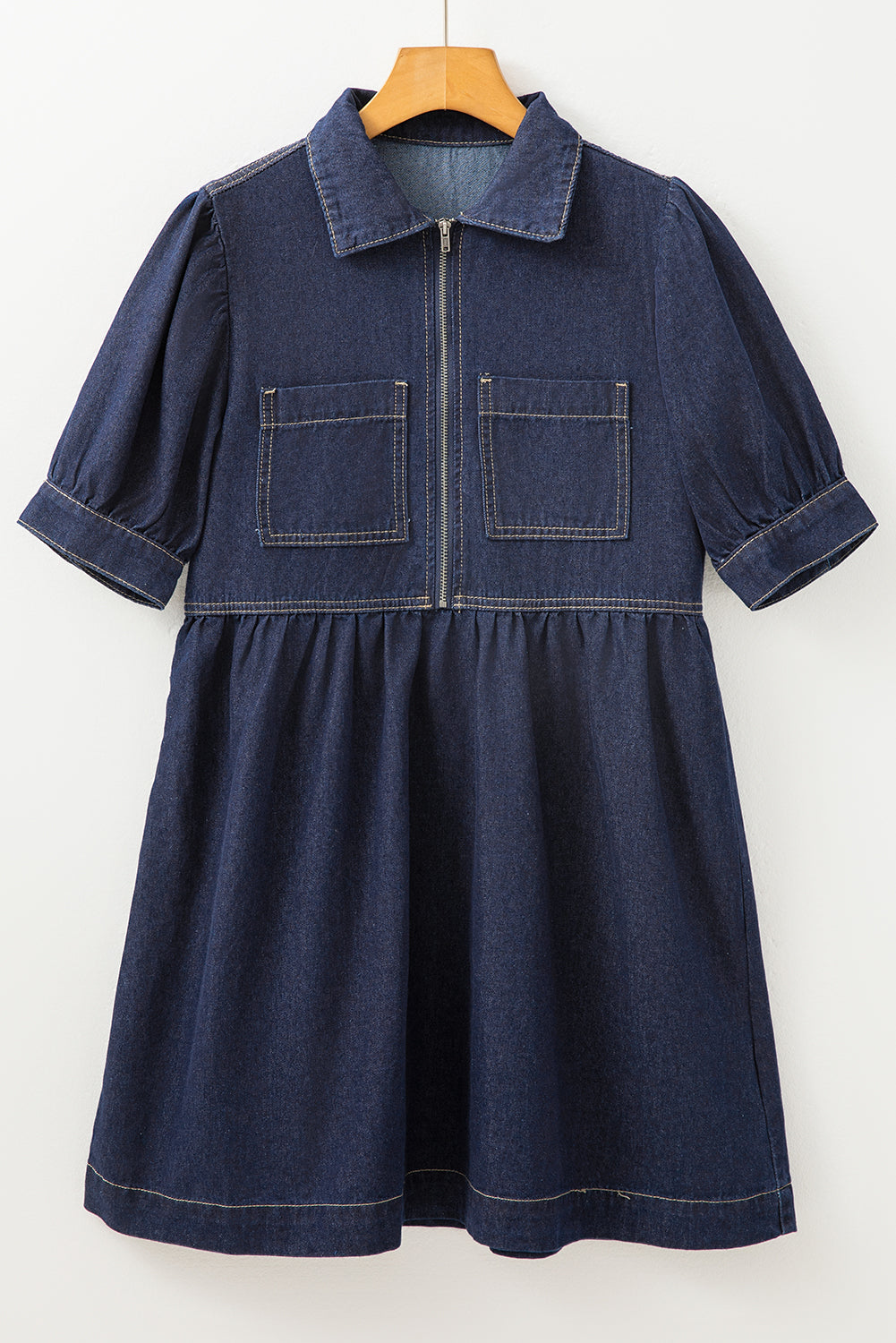 Dirty blue Zipped up Bodice Collared Short Puff Sleeve Denim Dress