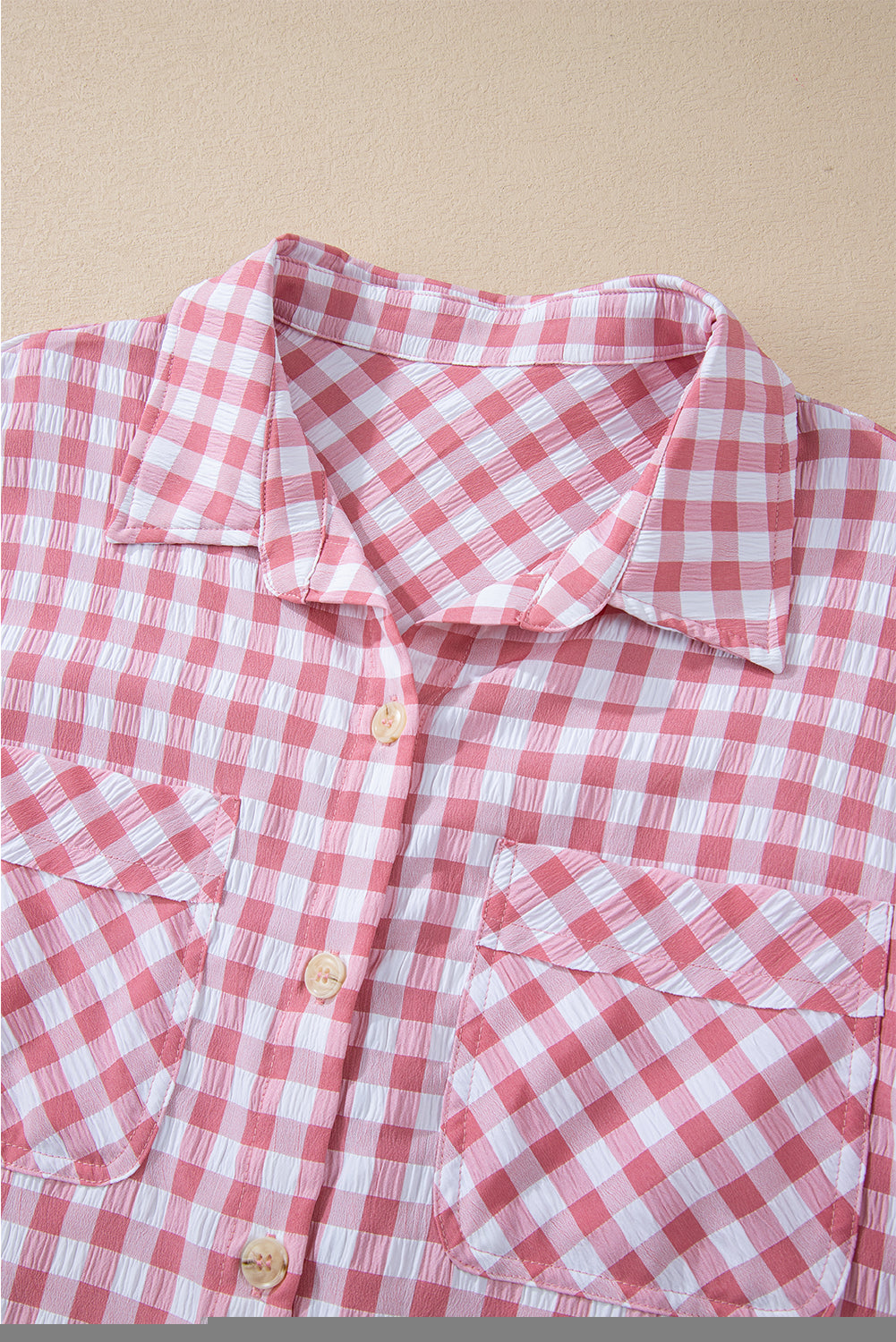 Pink Gingham Print Chest Pockets Buttoned Collared Shirt