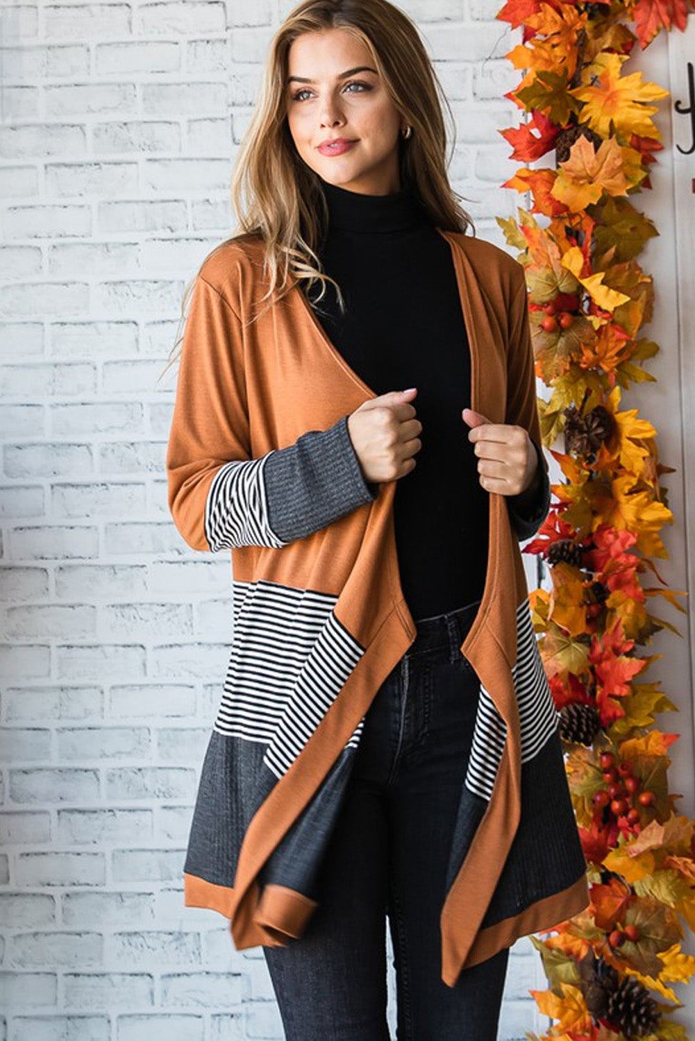 Orange Colorblock Striped Patchwork Open Cardigan