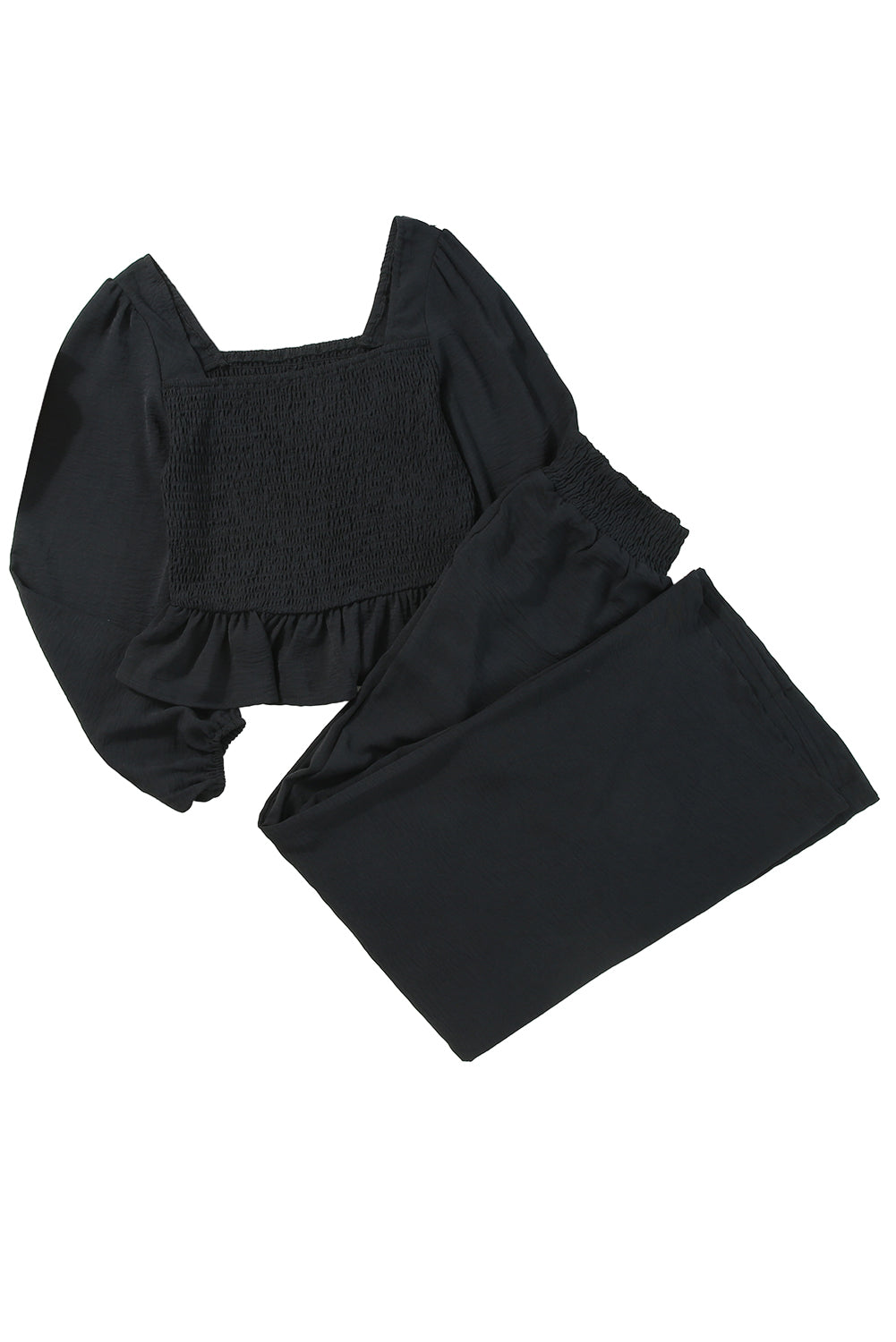 Black Square Neck Smocked Peplum Top and Pants Set